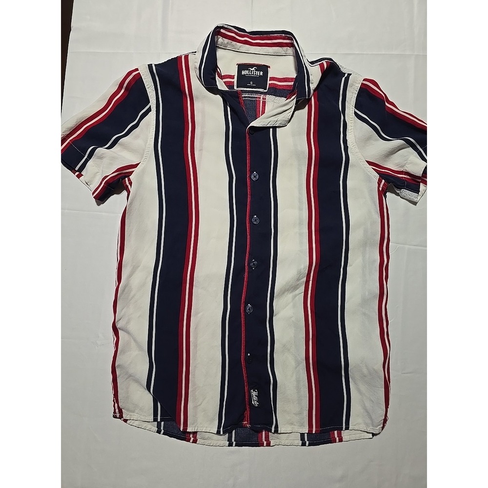 Hollister Mens‎ Small Red Blue Stripe Button Down Short Sleeve Shirt Casual